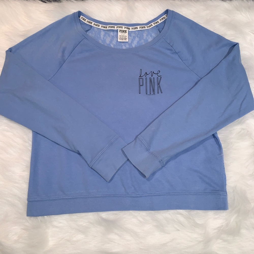 PINK lightweight long sleeve w lace back in blue